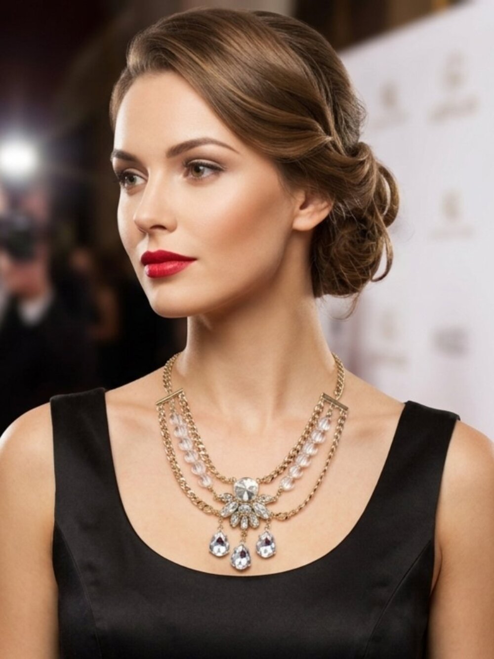 Bijou Drive 3 row gold chain with clear crystal stones necklace